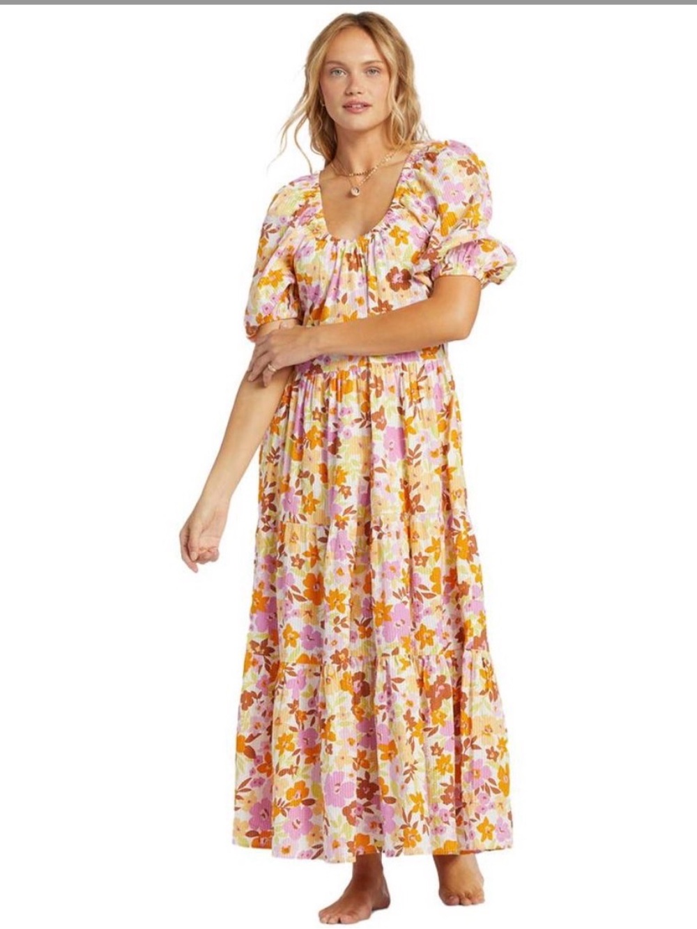 Billabong Endless Shore Floral Puff-Sleeve Maxi Dress Pink yellow, 100% cotton